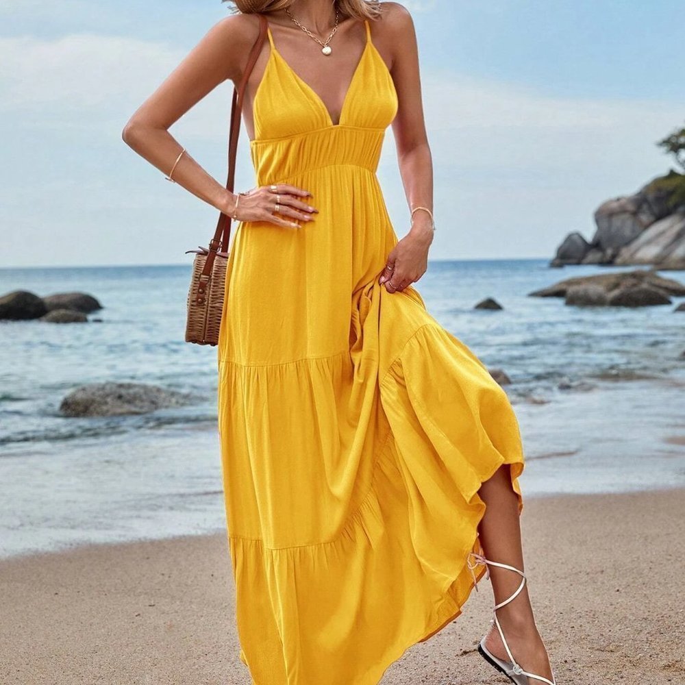 Yellow Boho Womens Ruffle Hem Maxi Cami Dress - Picture 2 of 5